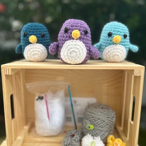 May include: Three crocheted penguin toys in teal, purple, and light blue, each with a white belly and yellow beak, sit on a wooden crate. The crate contains yarn, a crochet hook, and other crafting supplies, suggesting a DIY craft kit.