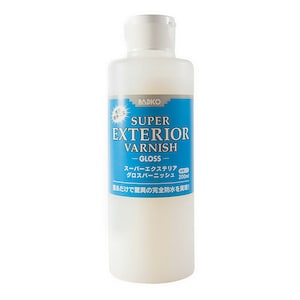 May include: A clear plastic bottle of PADICO Super Exterior Varnish in Gloss finish. The bottle is labeled in Japanese and English and says "Super Exterior Varnish - Gloss" and "200ml".