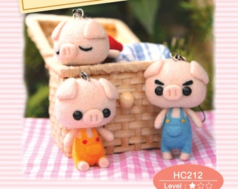 Needle Fetling Use Wool Felt to make Little Pig Brothers  --- English Material Kit (English / For Beginner)