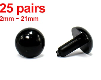 May include: 25 pairs of black plastic safety eyes for crafts. The eyes range in size from 2mm to 21mm.