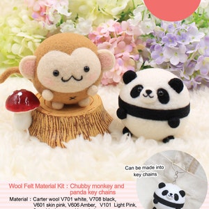 Needle Felting Use Wool Felt to make Chubby Monkey and Panda Key Chains --- English Material Kit (English / For Beginner)