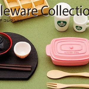 May include: A collection of miniature tableware, including plates, bowls, cups, and a frying pan. The tableware is made of various materials, including ceramic, plastic, and metal. The tableware is arranged on a green surface. The text "Tableware Collection" is written in white letters on a black background.