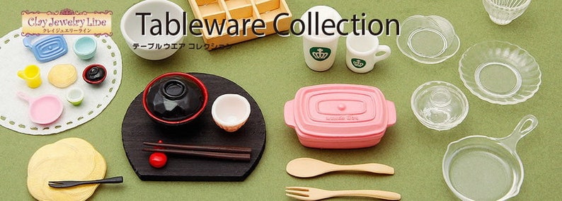 May include: A collection of miniature tableware, including plates, bowls, cups, and a frying pan. The tableware is made of various materials, including ceramic, plastic, and metal. The tableware is arranged on a green surface. The text "Tableware Collection" is written in white letters on a black background.