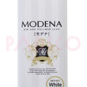 May include: A white package of Modena air dry polymer clay. The package has a white background with black text and a gold logo. The text on the package reads "Modena Air Dry Polymer Clay [モデナ]" and "White [ホワイト] [半透明]" The package also includes the text "水に強く、しなやかで丈夫 [最高級樹脂粘土]" which translates to "Strong in water, flexible and durable [High-quality resin clay]"