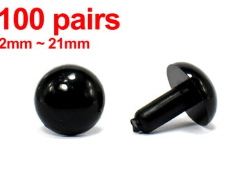 100 par - 2 mm till 21 mm japanska svarta säkerhetsögon för djur, plastögon med metallbricka, storlek 17