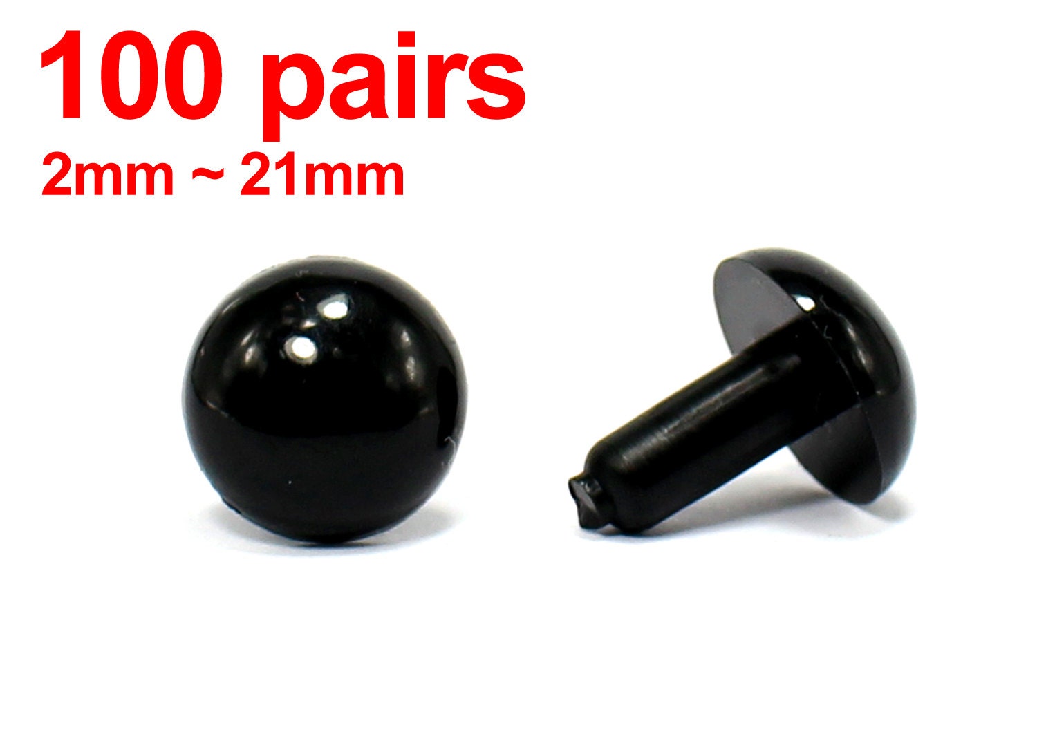 100 Pairs - 2mm to 21mm Japanese Black Animal Safety Eyes Plastic