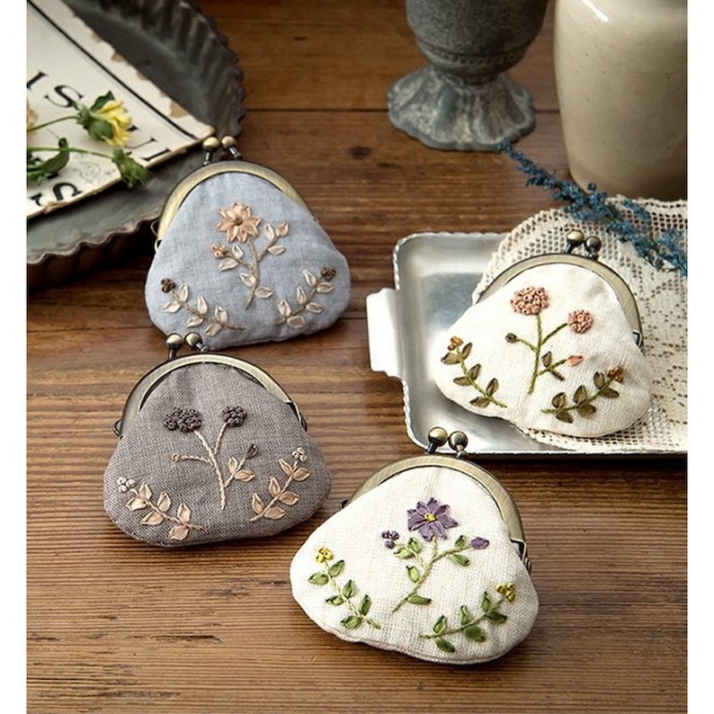 Fabric embroidery Purse Kit Winter Wildflowers Japanese Craft kit Designed by PORITORIE PHC-057-4