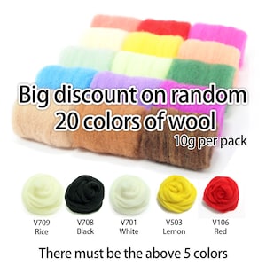 May include: A set of 20 different colors of wool roving, each pack weighing 10 grams. The colors include rice, black, white, lemon, and red.  There must be the above 5 colors.