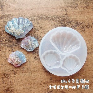 Pode incluir: Um molde de silicone transparente com três formas de conchas de diferentes tamanhos. Três conchas de resina acabadas são mostradas ao lado do molde.
