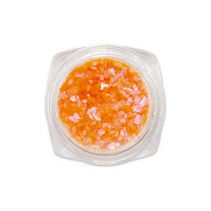 Puede incluir: Un pequeño frasco transparente lleno de purpurina naranja y rosa. La purpurina es de varios tamaños y formas.