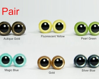 May include: 50 pairs of plastic safety eyes in various colors, including antique gold, fluorescent yellow, pearl green, magic blue, gold, and silver blue.