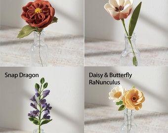 Davia Austin rose, Tulip, Snap Dragon, Daisy & Butterfly RaNunculus DIY Nonwoven Flower Kit hand-stitched hand sewing - Japanese Craft Kit