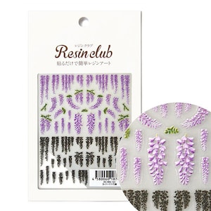 May include: A sheet of clear resin stickers featuring purple wisteria flowers with green leaves. The stickers are arranged in rows and columns on a white background. The text "Resin club" and "貼るだけで簡単レジンアート" is printed on the sheet.