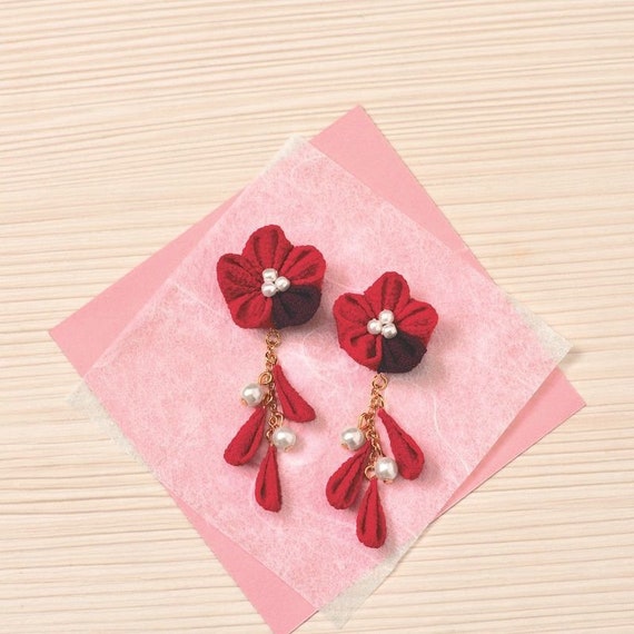 DIY Japanese Tsumami Flower Colorful red earrings (Fabric Kit) --- Japanese  Craft Kit LH-418