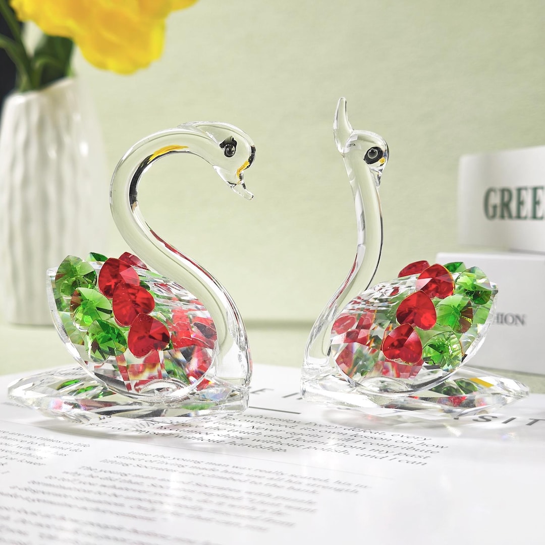 Handmade Crystal Swan Couple Figurine, Glass Swan Ornament, Wedding ...