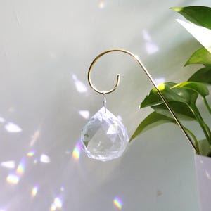 Könnte beinhalten: Ein klarer Kristallprismen-Ornament hängt an einem goldfarbenen Metallhaken. Das Prisma ist facettiert und reflektiert das Licht in einem Regenbogen von Farben. Grüne Pflanzenblätter sind im Hintergrund zu sehen.