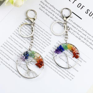 Handmade Crystal Tree of Life Keychain - 7 Chakra Healing Gemstones | Christmas Gift for Her/Him, Spiritual Gift for Chakra Lovers
