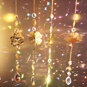 Hanging Golden Crystal Window Suncatcher | Handcrafted Metal Decor with Lotus/Clover/Maple/Ginkgo |Rainbow Light & Healing Gemstone Ornament