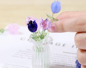5 PCS Handmade Mini Glass Tulip Bouquet, Exquisite Glass Art Flower Sculpture Table Decor, Unique Home Accent & Thoughtful Gift for Her