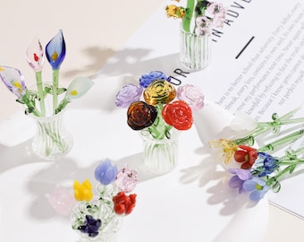 Hand Blown Glass Flower Bouquet Set, Assorted Mini Glass Floral Arrangement, Tabletop Home Decor, Unique Gift for Mom Her Friends Coworkers