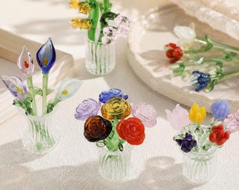Hand Blown Glass Flower Bouquet Set, Assorted Mini Glass Floral Arrangement, Tabletop Home Decor, Unique Gift for Mom Her Friends Coworkers