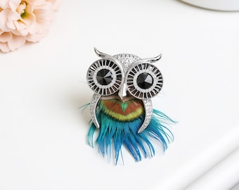 Vintage Owl Brooch, Rhinestone Eyes, Colorful Feather Jewelry