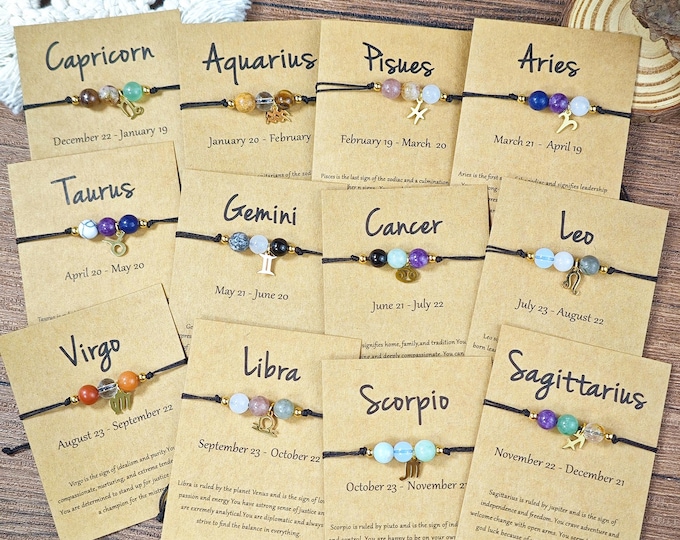 Handmade Zodiac Crystal Bracelet, Astrology Birthstone Jewelry Gift