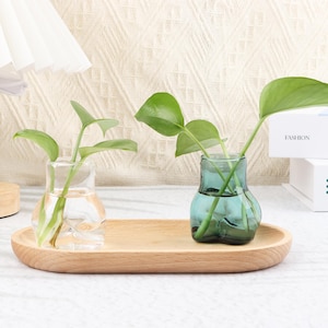 May include: Two small glass vases, one clear and one teal, each holding a green plant stem, sit on a light wood oval tray. The vases have a unique, rounded shape. The background includes a white lamp and a decorative wall.