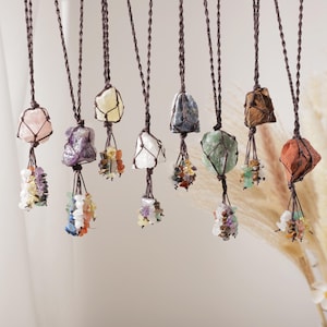 Boho Raw Crystal Rearview Mirror Dangle: Hand-Knotted Gemstone Car Accent