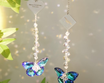 Aanpasbare kristallen vlinder Suncatcher - Gepersonaliseerde gegraveerde raamdecoratie | Kerstcadeau voor haar