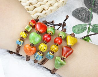 Handmade Ceramic Bead Bracelet: Colorful Boho Stacking Jewelry