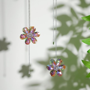 2 Pcs Iridescent Crystal Flower Fan Pulls | Faceted Petal Charms | Rainbow Boho Lamp Pull Chain Set
