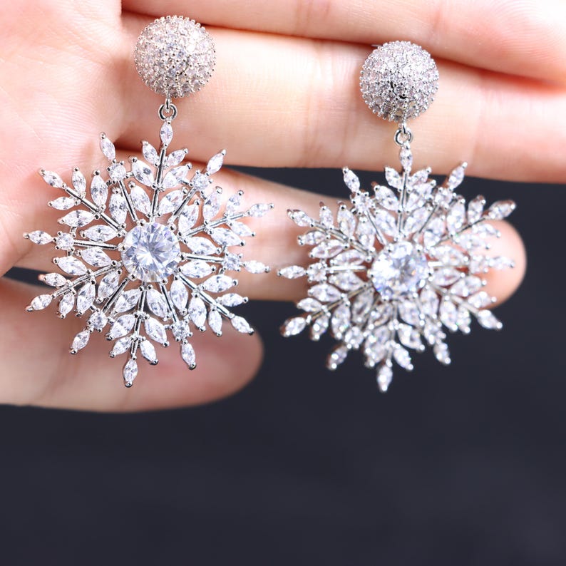 Sparkling Snowflake Zircon Earrings, Christmas Holiday Jewelry image 1