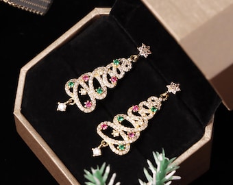 Christmas Tree Earrings, Zircon Holiday Jewelry, Copper Dangle Earrings, Sparkling Christmas Gift, Festive Tree Earrings for Women