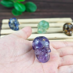Gemstone Skull Figurine: Aventurine, Jasper, Tiger Eye, Quartz