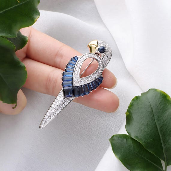 Zircon Parrot Brooch, Eco-Copper Bird Pin, Elegant Gemstone Jewelry
