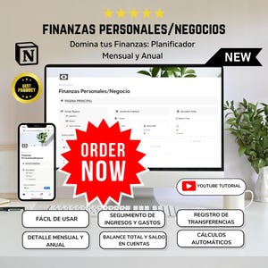 Plantilla de Finanzas Personales para Notion, Control de Presupuesto Personal y de Negocios, Seguimiento de Gastos Mensuales y Anuales.