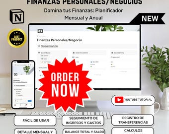 Plantilla de Finanzas Personales para Notion, Control de Presupuesto Personal y de Negocios, Seguimiento de Gastos Mensuales y Anuales.