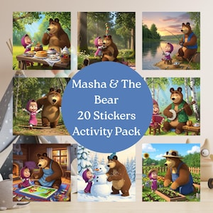 Może przedstawiać: Zestaw 20 naklejek z motywami z "Masza i Niedźwiedź". Obrazy przedstawiają Maszę i niedźwiedzia w różnych sceneriach na świeżym powietrzu, w tym na pikniku, wędkowaniu i w ogrodzie. Wyświetlany jest tekst "Masha & The Bear 20 Stickers Activity Pack".