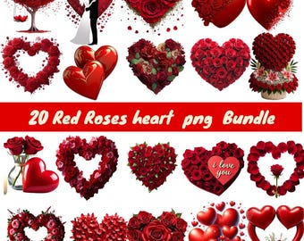 Red Roses Heart PNG Bundle Watercolor | Valentine Flowers Clipart Digital Download | Romantic Floral Art