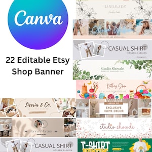 Puede incluir: Una colección de 22 banners de tienda Etsy editables con varios diseños. Los banners presentan texto como "Canva", "Happy Halloween", "Handmade", "Casual Shirt" y "T-Shirt Printing". Los banners muestran temas como joyería, decoración del hogar y ropa.