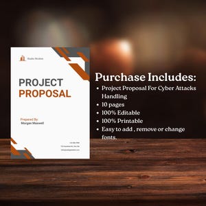 Op de afbeelding: Een wit en grijs projectvoorsteldocument met oranje accenten. Het document bevat de titel "PROJECT PROPOSAL" en de tekst "Prepared By: Morgan Maxwell". De tekst "Purchase Includes:" is ook zichtbaar.