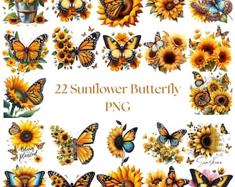 Sunflower Butterfly Watercolor Clipart, Floral Spring PNG (Digital Download)