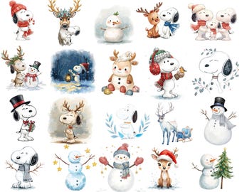 Winter PNG Bundle, Snowman, Reindeer, snoopy Watercolor Clipart