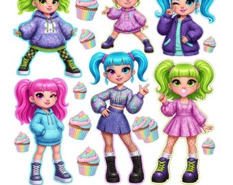 Naklejki Kawaii Pastel Girl, naklejki winylowe z kreskówkową babeczką (do pobrania cyfrowego)