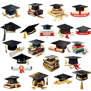 Puede incluir: Una colección de birretes de graduación, diplomas y libros en varios arreglos. Los birretes son negros con borlas doradas, algunos con cintas y la palabra "Enhorabuena". Los diplomas están enrollados con cintas.