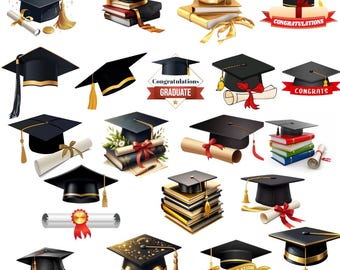Graduation Cap PNG Clipart Bundle, Diploma Art (Digital Download)