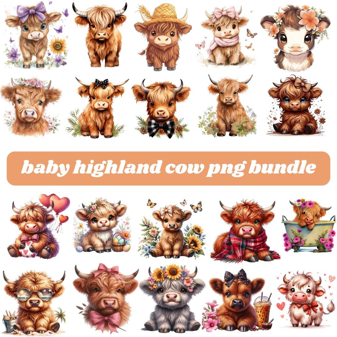 Baby Highland Cow Clipart | PNG Bundle, Farmhouse Decor (digital ...