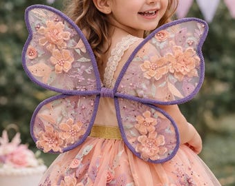 Fairy Wings, Wand & Tutu Set for Girls, Embroidered Lace Butterfly Costume
