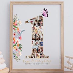 Póster personalizado del primer año, arte mural con hitos del bebé, collage de fotos del primer cumpleaños, regalo único para nuevos padres, collage de fotos personalizado